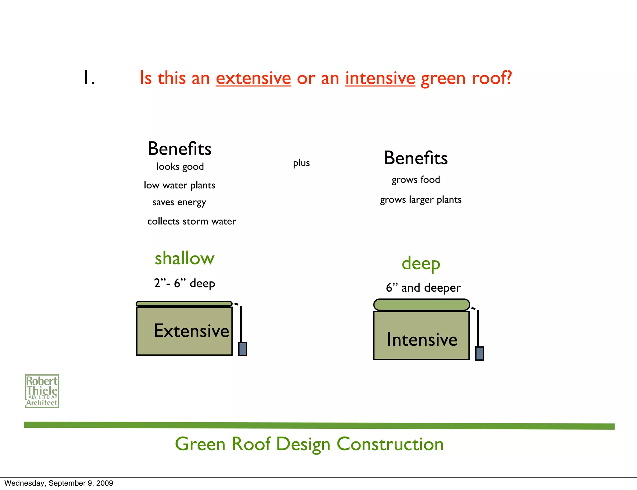 1.          Is this an extensive or an intensive green roof?


                                Beneﬁts                       Beneﬁts
                                  looks good           plus
                                                                grows food
                               low water plants
                                 saves energy                 grows larger plants

                                collects storm water


                                 shallow                          deep
                                 2”- 6” deep                   6” and deeper


                                 Extensive                     Intensive




                                      Green Roof Design Construction
Wednesday, September 9, 2009
 