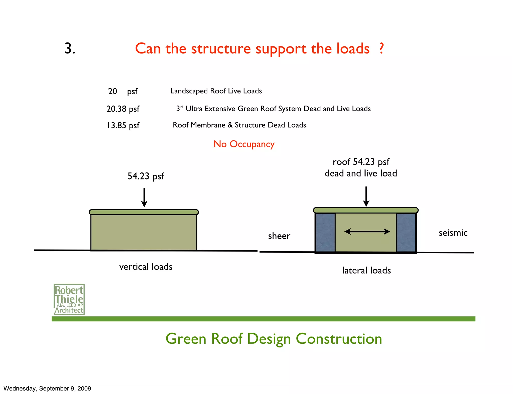 3.                   Can the structure support the loads ?

                               20     psf         Landscaped Roof Live Loads

                               20.38 psf             3” Ultra Extensive Green Roof System Dead and Live Loads

                               13.85 psf             Roof Membrane & Structure Dead Loads

                                                               No Occupancy
                                                                                                 roof 54.23 psf
                                      54.23 psf                                                dead and live load




                                                                               sheer                                seismic


                                    vertical loads                                                  lateral loads




                                                  Green Roof Design Construction

Wednesday, September 9, 2009
 