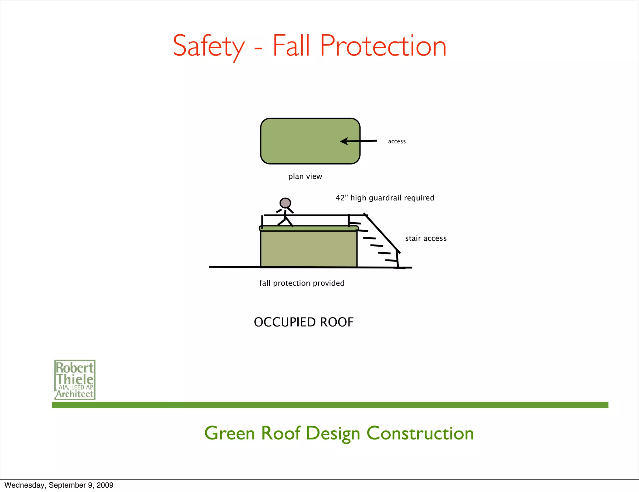 Safety - Fall Protection

                                                                          access




                                               plan view

                                                            42” high guardrail required




                                                                               stair access




                                       fall protection provided




                                      OCCUPIED ROOF




                                 Green Roof Design Construction

Wednesday, September 9, 2009
 
