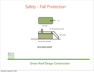 Safety - Fall Protection

                                                                          access




                                               plan view

                                                            42” high guardrail required




                                                                               stair access




                                       fall protection provided




                                      OCCUPIED ROOF




                                 Green Roof Design Construction

Wednesday, September 9, 2009
 