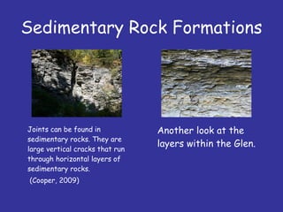 Sedimentary Rock Formations Joints can be found in sedimentary rocks. They are large vertical cracks that run through horizontal layers of sedimentary rocks.  (Cooper, 2009) Another look at the layers within the Glen.   