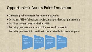Opportunistic Access Point Emulation
• Directed probe request for known networks
• Contains SSID of the access point, along with other parameters
• Emulate access point with that SSID
• Security protocol must match for secured networks
• Security protocol information is not available in probe request
Search
• Probe
request for
SSID “A”
Emulate
• Emulate AP
with SSID “A”
Associate
• Association
request for
SSID “A”
Wait
• Null frames
transmission
 