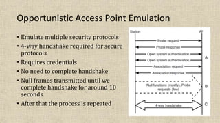 Opportunistic Access Point Emulation
• Emulate multiple security protocols
• 4-way handshake required for secure
protocols
• Requires credentials
• No need to complete handshake
• Null frames transmitted until we
complete handshake for around 10
seconds
• After that the process is repeated
 