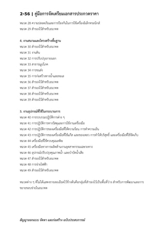 2-56 | คู่มือการจัดเตรียมเอกสารประกวดราคา
สัญญาออกแบบ จัดหา และก่อสร้าง ฉบับประสบการณ์
หมวด 28 ความปลอดภัยและการป้องกันในการใช้เครื่องอิเล็กทรอนิกส์
หมวด 29 สารองไว้สาหรับอนาคต
4. งานสนามและโครงสร้างพื้นฐาน
หมวด 30 สารองไว้สาหรับอนาคต
หมวด 31 งานดิน
หมวด 32 การปรับปรุงภายนอก
หมวด 33 สาธารณูปโภค
หมวด 34 การขนส่ง
หมวด 35 การก่อสร้างทางน้าและทะเล
หมวด 36 สารองไว้สาหรับอนาคต
หมวด 37 สารองไว้สาหรับอนาคต
หมวด 38 สารองไว้สาหรับอนาคต
หมวด 39 สารองไว้สาหรับอนาคต
5. งานอุปกรณ์ที่ใช้ในกระบวนการ
หมวด 40 การรวบรวมปฏิบัติการต่าง ๆ
หมวด 41 การปฏิบัติการทางวัสดุและการใช้งานเครื่องมือ
หมวด 42 การปฏิบัติการของเครื่องมือที่ให้ความร้อน การทาความเย็น
หมวด 43 การปฏิบัติการของเครื่องมือที่ใช้แก๊ส และของเหลว การทาให้บริสุทธิ์ และเครื่องมือที่ใช้จัดเก็บ
หมวด 44 เครื่องมือที่ใช้ควบคุมมลพิษ
หมวด 45 เครื่องมือทางการผลิตด้านงานอุตสาหกรรมเฉพาะทาง
หมวด 46 อุปกรณ์ปรับปรุงคุณภาพน้า และบาบัดน้าเสีย
หมวด 47 สารองไว้สาหรับอนาคต
หมวด 48 การจ่ายไฟฟ้า
หมวด 49 สารองไว้สาหรับอนาคต
หมวดต่าง ๆ ที่ไม่ได้แสดงรายละเอียดไว้ข้างต้นคือกลุ่มที่สารองไว้เป็นพื้นที่ว่าง สาหรับการพัฒนาและการ
ขยายขอบข่ายในอนาคต
 