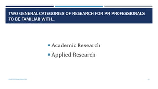 TWO GENERAL CATEGORIES OF RESEARCH FOR PR PROFESSIONALS
TO BE FAMILIAR WITH…
 Academic Research
 Applied Research
PROFESSORPARSONS.COM 10
 
