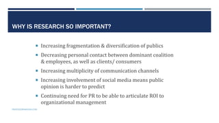 6
WHY IS RESEARCH SO IMPORTANT?
 Increasing fragmentation & diversification of publics
 Decreasing personal contact between dominant coalition
& employees, as well as clients/ consumers
 Increasing multiplicity of communication channels
 Increasing involvement of social media means public
opinion is harder to predict
 Continuing need for PR to be able to articulate ROI to
organizational management
PROFESSORPARSONS.COM
 