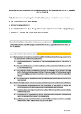 Page 1 of 33
Acceptable Means of Compliance (AMC) and Guidance Material (GM) to Annex I (Part-21) to UK Regulation
(EU) No. 748/2012
The text of the amendment is arranged to show deleted text, new or amended text as shown below:
(a) Text to be deleted is shown struck through;
(b) New text is highlighted in grey;
(c) Text to be deleted is shown struck through followed by the replacement text which is highlighted in grey.
d) an ellipsis ‘[…]’ indicates that the rest of the text is unchanged.
GM1 21.A.5 Repair designs and record-keeping
For repair designs, the record-keeping requirement of point 21.A.5 applies to the data described in
AMC 21.A.433(a).
AMC1 21.A.7(a) ICA contents
(a) The instructions for continued airworthiness (ICA) should identify the following, in accordance
with the applicable certification specifications:
(1) any limitations that are necessary for the continued airworthiness of the product or
article;
(2) the means to determine when the product or article has deteriorated to the extent that
it is no longer airworthy;
(3) the minimum actions required to restore the airworthiness of the product or article
before the limitations (as per point (1)) have been exceeded or before their deterioration
(as per point (2)), as an alternative to the withdrawal of the product or article from
service.
(4) the identification of standard parts and parts with a negligible safety effect in accordance
with 21.A.307.
(b) The ICA should, therefore, include, in accordance with the applicable certification specifications:
(1) any limitations determined through the certification of the product or article, and
instructions on how to determine that the limitations have been exceeded;
(2) any inspection, servicing or maintenance actions determined to be necessary by the
certification process;
(3) any inspection or troubleshooting actions determined to be necessary to establish the
nature of faults and the necessary remedial actions;
(4) sufficient general information on the operation of the product or article to enable the
understanding of the instructions in (a)(1) to (a)(3) above.
 