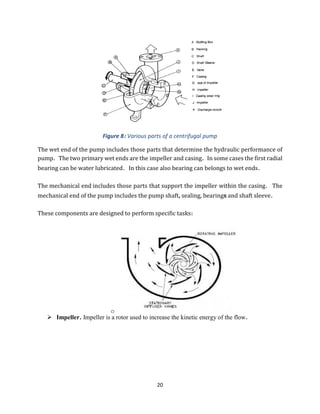 20
Figure 8: Various parts of a centrifugal pump
The wet end of the pump includes those parts that determine the hydraulic performance of
pump. The two primary wet ends are the impeller and casing. In some cases the first radial
bearing can be water lubricated. In this case also bearing can belongs to wet ends.
The mechanical end includes those parts that support the impeller within the casing. The
mechanical end of the pump includes the pump shaft, sealing, bearings and shaft sleeve.
These components are designed to perform specific tasks:
o
➢ Impeller. Impeller is a rotor used to increase the kinetic energy of the flow.
 
