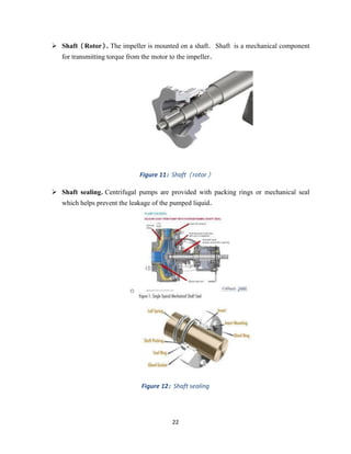 22
➢ Shaft (Rotor). The impeller is mounted on a shaft. Shaft is a mechanical component
for transmitting torque from the motor to the impeller.
Figure 11: Shaft (rotor)
➢ Shaft sealing. Centrifugal pumps are provided with packing rings or mechanical seal
which helps prevent the leakage of the pumped liquid.
o
Figure 12: Shaft sealing
 