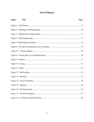 6
List of Figures
Figure Title Page
Figure 1: Forth Pumps ................................................................................................................. 10
Figure 2: Multistage centrifugal pump ........................................................................................ 10
Figure 3: Magnetically coupled pumps........................................................................................ 11
Figure 4: Self Priming pump........................................................................................................ 12
Figure 5: Soda Fountain machine ................................................................................................. 14
Figure 6: Pie chart for maintenance cost of a pump. ................................................................... 15
Figure 07: Velocity diagram ........................................................................................................ 18
Figure 8: Various parts of a centrifugal pump............................................................................. 20
Figure 9: Impeller ........................................................................................................................ 21
Figure 10: Casing ........................................................................................................................ 21
Figure 11: Shaft ........................................................................................................................... 22
Figure 12: Shaft sealing ............................................................................................................... 22
Figure 13: Bearings...................................................................................................................... 23
Figure 14: Types Of impeller....................................................................................................... 24
Figure 15: Impellers..................................................................................................................... 25
Figure 16: Working manual......................................................................................................... 26
Figure 17: Fluid Flow diagram .................................................................................................... 27
Figure 18: A working Centrifugal Pump ..................................................................................... 28
 