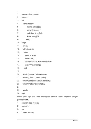 Hal. 10
1
2
3
4
5
6
7
8
9
10
11
12
13
14
15
16
17
18
19
20
21
22
23
24
25
26
program tipe_record;
uses crt;
var
siswa: record
nama: string[20];
umur: integer;
sekolah: string[30];
kota: string[20];
end;
begin
clrscr;
with siswa do
begin
nama:= 'Anto';
umur:= 17;
sekolah:= 'SMA 1 Durian Runtuh';
kota:= 'Pelembang';
end;
writeln('Nama : ',siswa.nama);
writeln('Umur : ',siswa.umur);
writeln('Sekolah : ',siswa.sekolah);
writeln('Kota : ',siswa.kota);
readln;
end.
Lebih jauh lagi, kita bisa melingkupi seluruh kode program dengan
perintah with.
1
2
3
4
program tipe_record;
uses crt;
var
siswa: record
 