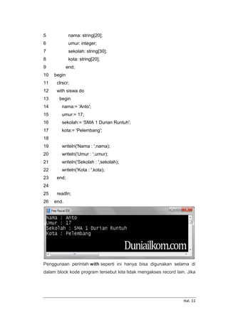 Hal. 11
5
6
7
8
9
10
11
12
13
14
15
16
17
18
19
20
21
22
23
24
25
26
nama: string[20];
umur: integer;
sekolah: string[30];
kota: string[20];
end;
begin
clrscr;
with siswa do
begin
nama:= 'Anto';
umur:= 17;
sekolah:= 'SMA 1 Durian Runtuh';
kota:= 'Pelembang';
writeln('Nama : ',nama);
writeln('Umur : ',umur);
writeln('Sekolah : ',sekolah);
writeln('Kota : ',kota);
end;
readln;
end.
Penggunaan perintah with seperti ini hanya bisa digunakan selama di
dalam block kode program tersebut kita tidak mengakses record lain. Jika
 