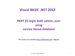 Visual BASIC .NET 2012
PART 25-login both admin, user
using
service based database
Dr. GIRIJA NARASIMHAN 1
This slides are available http://slideshare.net /nbgirija
 