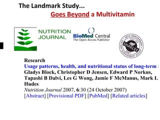 The Landmark Study...    Goes Beyond  a Multivitamin                           Research                          Usage pat...