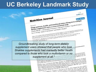 UC Berkeley Landmark Study Groundbreaking study of long-term dietary supplement users showed that people who took Shaklee ...