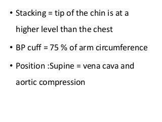 • Stacking = tip of the chin is at a
higher level than the chest
• BP cuff = 75 % of arm circumference
• Position :Supine = vena cava and
aortic compression
 