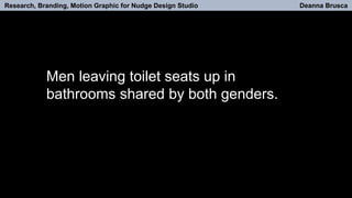 Research, Branding, Motion Graphic for Nudge Design Studio Deanna Brusca
Men leaving toilet seats up in
bathrooms shared by both genders.
 