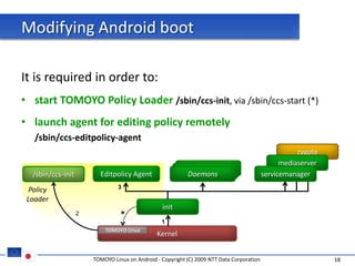 Modifying Android boot

It is required in order to:
• start TOMOYO Policy Loader /sbin/ccs-init, via /sbin/ccs-start (*)
• launch agent for editing policy remotely
   /sbin/ccs-editpolicy-agent
                                                                                                       zygote
                                                                                                  mediaserver
                                                              Daemons
                                                             Daemons
   /sbin/ccs-init         Editpolicy Agent                  Daemons                         servicemanager
                                 3
  Policy
 Loader
                                                  init
                    2
                                  *               1
                            TOMOYO Linux
                                                Kernel


                        TOMOYO Linux on Android - Copyright (C) 2009 NTT Data Corporation                       18
 