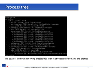 Process tree




ccs-ccstree: command showing process tree with relative security domains and profiles


                   TOMOYO Linux on Android - Copyright (C) 2009 NTT Data Corporation   23
 