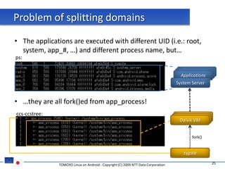 Problem of splitting domains
• The applications are executed with different UID (i.e.: root,
  system, app_#, …) and different process name, but…
ps:

                                                                                     service manager
                                                                                    service manager
                                                                                     Applications
                                                                                   System Server


• …they are all fork()ed from app_process!
ccs-ccstree:
                                                                                     Dalvik VM
                                                                                     Dalvik VM
                                                                                    Dalvik VM


                                                                                          fork()


                                                                                      zygote

               TOMOYO Linux on Android - Copyright (C) 2009 NTT Data Corporation                   25
 