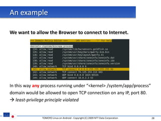 An example

We want to allow the Browser to connect to Internet.




In this way any process running under “<kernel> /system/app/process”
domain would be allowed to open TCP connection on any IP, port 80.
 least-privilege principle violated


               TOMOYO Linux on Android - Copyright (C) 2009 NTT Data Corporation   28
 