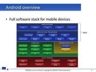 Android overview

• Full software stack for mobile devices


                                                                                Java




            TOMOYO Linux on Android - Copyright (C) 2009 NTT Data Corporation          5
 