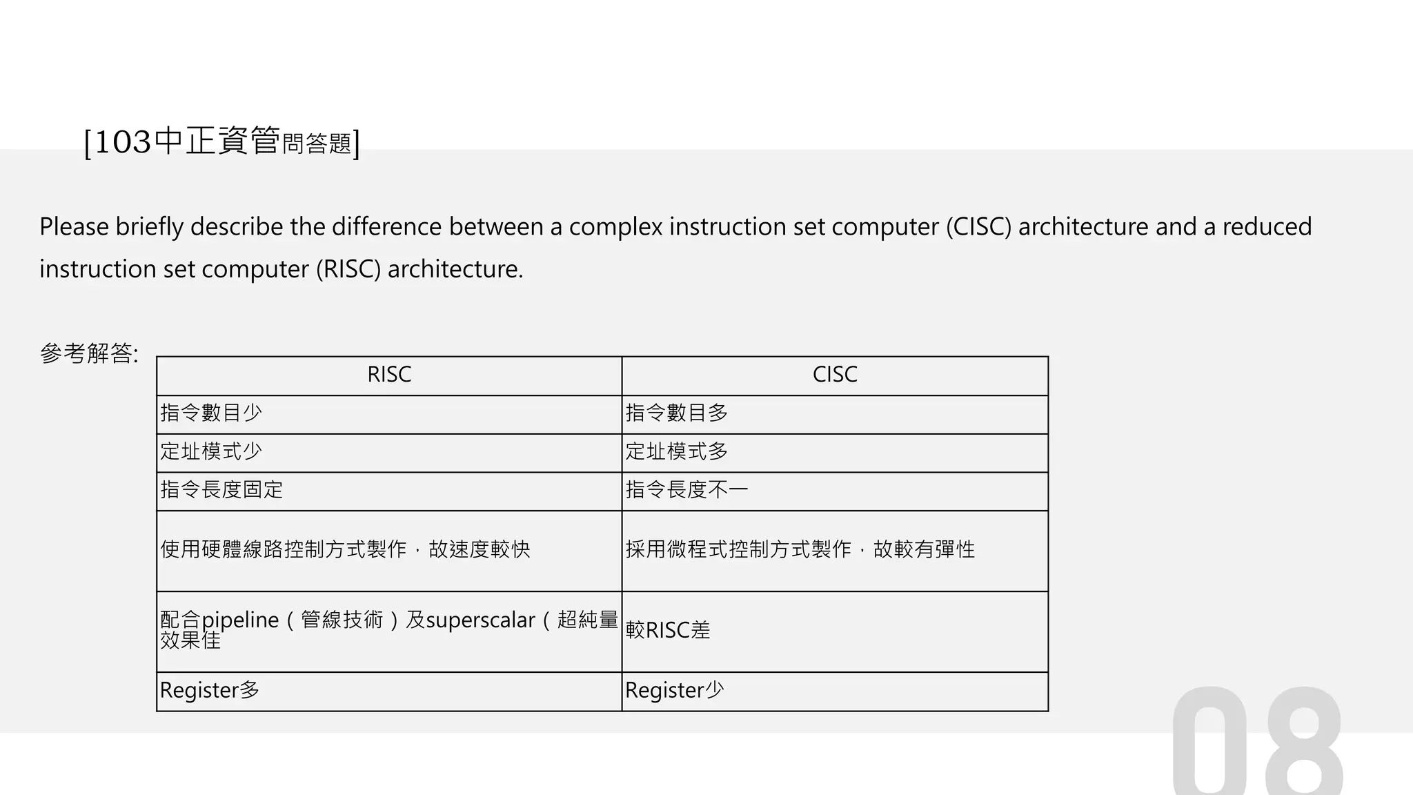 Please briefly describe the difference between a complex instruction set computer (CISC) architecture and a reduced
instruction set computer (RISC) architecture.
參考解答:
[103中正資管問答題]
RISC CISC
指令數目少 指令數目多
定址模式少 定址模式多
指令長度固定 指令長度不一
使用硬體線路控制方式製作，故速度較快 採用微程式控制方式製作，故較有彈性
配合pipeline（管線技術）及superscalar（超純量）
效果佳
較RISC差
Register多 Register少
 