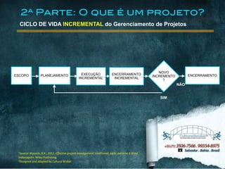 1Source:	
  Wysocki,	
  R.K.,	
  2012.	
  Effective	
  project	
  management:	
  traditional,	
  agile,	
  extreme.6	
  th	
  ed.	
  
Indianapolis:	
  Wiley	
  Publishing.	
  
2Designed	
  and	
  adapted	
  by	
  Cultural	
  Broker
CICLO DE VIDA INCREMENTAL do Gerenciamento de Projetos
ESCOPO PLANEJAMENTO EXECUÇÃO
INCREMENTAL
ENCERRAMENTOENCERRAMENTO
INCREMENTAL
NOVO
INCREMENTO
?
SIM
NÃO
2ª Parte: O que é um projeto?
 
