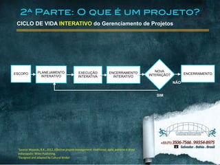 1Source:	
  Wysocki,	
  R.K.,	
  2012.	
  Effective	
  project	
  management:	
  traditional,	
  agile,	
  extreme.6	
  th	
  ed.	
  
Indianapolis:	
  Wiley	
  Publishing.	
  
2Designed	
  and	
  adapted	
  by	
  Cultural	
  Broker
CICLO DE VIDA INTERATIVO do Gerenciamento de Projetos
ESCOPO PLANEJAMENTO
INTERATIVO
EXECUÇÃO
INTERATIVA
ENCERRAMENTOENCERRAMENTO
INTERATIVO
NOVA
INTERAÇÃO?
SIM
NÃO
2ª Parte: O que é um projeto?
 