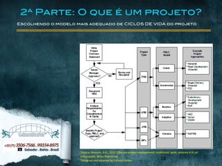 1Source:	
  Wysocki,	
  R.K.,	
  2012.	
  Effective	
  project	
  management:	
  traditional,	
  agile,	
  extreme.6	
  th	
  ed.	
  Indianapolis:	
  Wiley	
  Publishing.	
  
2Designed	
  and	
  adapted	
  by	
  Expedito	
  Silva
www.culturalbroker.com.br
1Source:	
  Wysocki,	
  R.K.,	
  2012.	
  Effective	
  project	
  management:	
  traditional,	
  agile,	
  extreme.6	
  th	
  ed.	
  
Indianapolis:	
  Wiley	
  Publishing.	
  
2Designed	
  and	
  adapted	
  by	
  Cultural	
  Broker 18
Escolhendo o modelo mais adequado de CICLOS DE VIDA do projeto
2ª Parte: O que é um projeto?
 