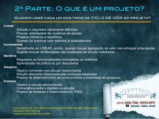 1Source:	
  Wysocki,	
  R.K.,	
  2012.	
  Effective	
  project	
  management:	
  traditional,	
  agile,	
  extreme.6	
  th	
  ed.	
  
Indianapolis:	
  Wiley	
  Publishing.	
  
2Designed	
  and	
  adapted	
  by	
  Cultural	
  Broker
Quando usar cada um dos tipos de CICLO DE VIDA do projeto?
Linear
➢ Solução e requisitos claramente definidos
➢ Poucas solicitações de mudança de escopo
➢ Projetos rotineiros e repetitivos
➢ Quando for possível usar padrões já estabelecidos
Incremental
➢ Semelhante ao LINEAR, porém, quando houver agregação de valor nas entregas antecipadas
➢ Quando houver similaridades nas mudanças de escopo solicitadas
Iterative
➢ Requisitos ou funcionalidades incompletas ou instáveis
➢ Aprendizado na prática ou por descoberta
Adaptive
➢ Objetivo conhecido mas solução desconhecida
➢ Solução altamente influenciada pela mudanças esperadas
➢ Projetos de desenvolvimento de novos produtos e incremento de processos
Extreme
➢ Objetivo e solução desconhecida
➢ Convergência entre o objetivo e a solução
➢ Projetos de Pesquisa e Desenvolvimento (P&D)
2ª Parte: O que é um projeto?
 