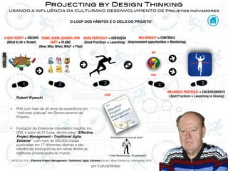 por Cultural Broker
Projecting by Design Thinking
USANDO A INFLUÊNCIA DA CULTURANO DESENVOLVIMENTO DE Projetos Inovadores
MÉTODO
O QUE FAZER? = ESCOPO
(What to do = Scope)
1 2
COMO, QUEM, QUANDO, POR
QUÊ? = PLANO
(How, Who, When, Why? = Plan)
BOAS PRÁTICAS? = EXECUÇÃO
(Good Practices = Launching)
MELHORIAS? = CONTROLE
(Improvement opportunities = Monitoring)
4
KPI
5
MELHORES PRÁTICAS! = ENCERRAMENTO
( Best Practices = Launching or Closing)
1WYSOCKI, R.K.. Effective Project Management: Traditional, Agile, Extreme.6 th ed.: Wiley Publishing. Indianapolis: 2012
3
O LOOP DOS HÁBITOS E O CICLO DO PROJETO1
YES!
NO!
LOOP
• Robert Wysocki
• PhD com mais de 40 anos de experiência em
“melhores práticas” em Gerenciamento de
Projetos.
• Fundador da Enterprise Information Insights, Inc.
(EII), e autor de 21 livros, dentre estes “Effective
Project Management - Traditional Ágile,
Extreme1” com mais de 500.000 cópias
publicadas em 17 diferentes idiomas e são
referências bibliográﬁcas em várias dentre as
melhores universidades do mundo.
“The Personal Planning”
“Programa Você S/A”
 