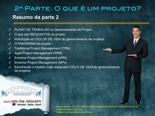 www.culturalbroker.com.br
1Source:	
  Wysocki,	
  R.K.,	
  2012.	
  Effective	
  project	
  management:	
  traditional,	
  agile,	
  extreme.6	
  th	
  ed.	
  
Indianapolis:	
  Wiley	
  Publishing.	
  
2Designed	
  and	
  adapted	
  by	
  Cultural	
  Broker
✓ PLANO DE TRABALHO no Gerenciamento de Projeto
✓ O que são REQUISITOS do projeto
✓ Introdução ao CICLOS DE VIDA do gerenciamento de projetos
✓ O PANORAMA do projeto
✓ Traditional Project Management (TPM)
✓ Agile Project Management (APM)
✓ Extreme Project Management (xPM)
✓ Emertxe Project Management (MPx)
✓ Escolhendo o modelo mais adequado CICLO DE VIDA do gerenciamento
de projetos
Resumo da parte 2
2ª Parte: O que é um projeto?
 