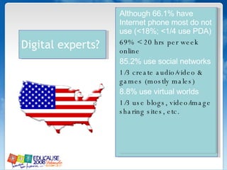 Alt hough 66.1% have Internet phone most do not use (<18%; <1/4 use PDA) 69% < 20 hrs per week online 85.2% use social networks 1/3 create audio/video & games (mostly males) 8.8% use virtual worlds 1/3 use blogs, video/image sharing sites, etc. Digital experts? 