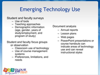 Emerging Technology Use Student and faculty surveys Use of tools Teaching approaches Demographic information (age, gender, years of study/employment, and program of study) Student and faculty focus groups or observation Classroom use of technology Use of course management systems Preferences, limitations, and needs Document analysis Annual reports Lesson plans Web pages PowerPoint presentations or course handouts can indicate areas of technology use and can reveal instructional styles 