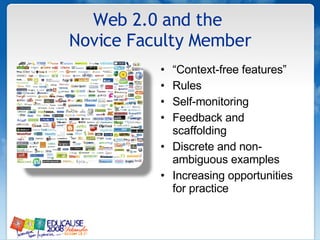 Web 2.0 and the  Novice Faculty Member “ Context-free features” Rules Self-monitoring Feedback and scaffolding Discrete and non-ambiguous examples Increasing opportunities for practice 