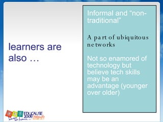 Informal and “non-traditional” A part of ubiquitous networks   Not so enamored of technology but believe tech skills may be an advantage (younger over older) learners are also … 