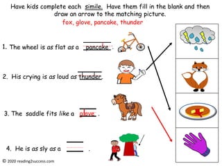The wheel is as flat as a _______ .
2. His crying is as loud as thunder.
3. The saddle fits like a g ove .
4. He is as sly as a .
1. pancake .
l
l l
l
© 2020 reading2success.com
Have kids complete each simile. Have them fill in the blank and then
draw an arrow to the matching picture.
fox, glove, pancake, thunder
 