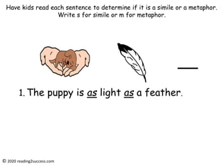 1. The puppy is as light as a feather.
© 2020 reading2success.com
Have kids read each sentence to determine if it is a simile or a metaphor.
Write s for simile or m for metaphor.
 