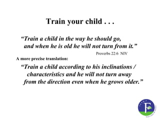 Train your child . . .

  “Train a child in the way he should go,
   and when he is old he will not turn from it.”
                               Proverbs 22:6 NIV
A more precise translation:
  “Train a child according to his inclinations /
    characteristics and he will not turn away
   from the direction even when he grows older.”
 