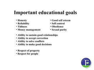Important educational goals
• Honesty                      • Good self esteem
• Reliability                  • Self control
• Tidiness                     • Obedience
• Money management             • Sexual purity

• Ability to sustain good relationships
• Ability to accept correction
• Ability to solve conflicts
• Ability to make good decisions

• Respect of property
• Respect for people
 