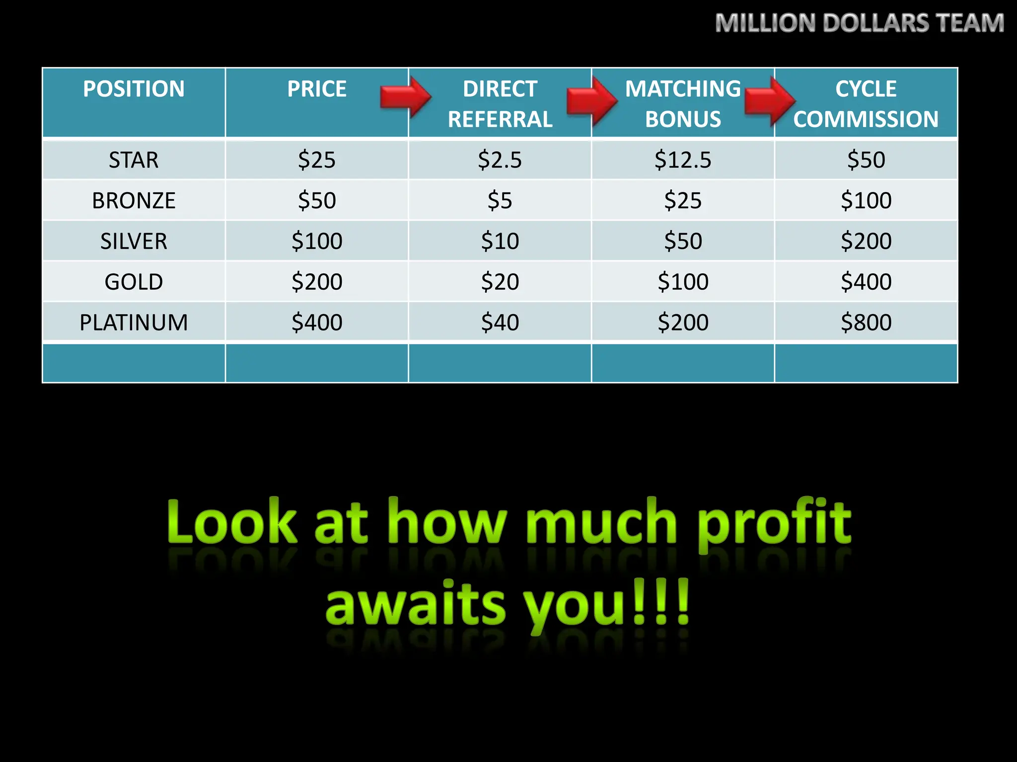 MILLION DOLLARS TEAMLook at how much profitawaits you!!!