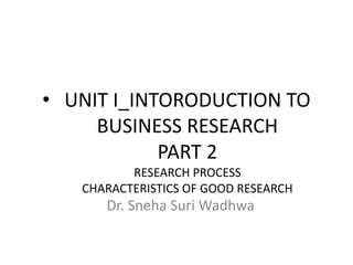 • UNIT I_INTORODUCTION TO
BUSINESS RESEARCH
PART 2
RESEARCH PROCESS
CHARACTERISTICS OF GOOD RESEARCH
Dr. Sneha Suri Wadhwa
 