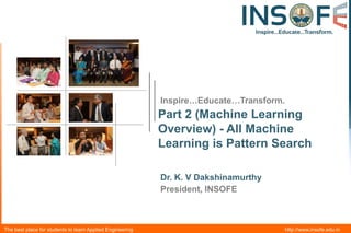 Inspire…Educate…Transform.

Part 2 (Machine Learning
Overview) - All Machine
Learning is Pattern Search
Dr. K. V Dakshinamurthy
President, INSOFE

The best place for students to learn Applied Engineering

http://www.insofe.edu.in

 