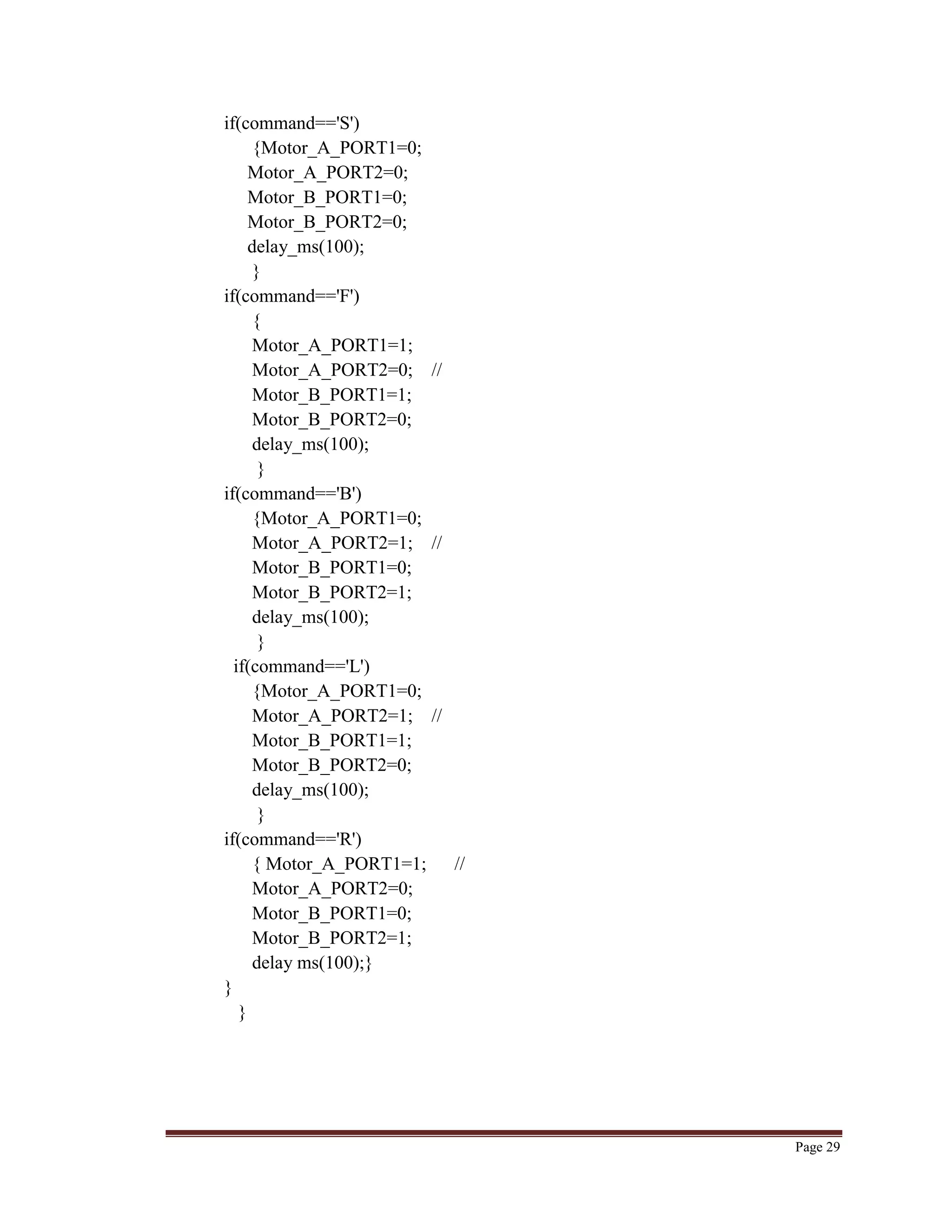 Page 29
if(command=='S')
{Motor_A_PORT1=0;
Motor_A_PORT2=0;
Motor_B_PORT1=0;
Motor_B_PORT2=0;
delay_ms(100);
}
if(command=='F')
{
Motor_A_PORT1=1;
Motor_A_PORT2=0; //
Motor_B_PORT1=1;
Motor_B_PORT2=0;
delay_ms(100);
}
if(command=='B')
{Motor_A_PORT1=0;
Motor_A_PORT2=1; //
Motor_B_PORT1=0;
Motor_B_PORT2=1;
delay_ms(100);
}
if(command=='L')
{Motor_A_PORT1=0;
Motor_A_PORT2=1; //
Motor_B_PORT1=1;
Motor_B_PORT2=0;
delay_ms(100);
}
if(command=='R')
{ Motor_A_PORT1=1; //
Motor_A_PORT2=0;
Motor_B_PORT1=0;
Motor_B_PORT2=1;
delay ms(100);}
}
}
 
