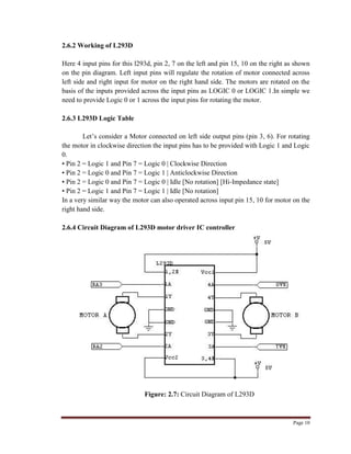 Page 10
2.6.2 Working of L293D
Here 4 input pins for this l293d, pin 2, 7 on the left and pin 15, 10 on the right as shown
on the pin diagram. Left input pins will regulate the rotation of motor connected across
left side and right input for motor on the right hand side. The motors are rotated on the
basis of the inputs provided across the input pins as LOGIC 0 or LOGIC 1.In simple we
need to provide Logic 0 or 1 across the input pins for rotating the motor.
2.6.3 L293D Logic Table
Let‟s consider a Motor connected on left side output pins (pin 3, 6). For rotating
the motor in clockwise direction the input pins has to be provided with Logic 1 and Logic
0.
• Pin 2 = Logic 1 and Pin 7 = Logic 0 | Clockwise Direction
• Pin 2 = Logic 0 and Pin 7 = Logic 1 | Anticlockwise Direction
• Pin 2 = Logic 0 and Pin 7 = Logic 0 | Idle [No rotation] [Hi-Impedance state]
• Pin 2 = Logic 1 and Pin 7 = Logic 1 | Idle [No rotation]
In a very similar way the motor can also operated across input pin 15, 10 for motor on the
right hand side.
2.6.4 Circuit Diagram of L293D motor driver IC controller
Figure: 2.7: Circuit Diagram of L293D
 