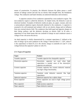 Page 12
means of construction. In practice, the dielectric between the plates passes a small
amount of leakage current and also has an electric field strength limit, the breakdown
voltage. The conductors and leads introduce an undesired inductance and resistance.
A capacitor consists of two conductors separated by a non-conductive region. The
non-conductive region is called the dielectric. In simpler terms, the dielectric is just an
electrical insulator. Examples of dielectric media are glass, air, paper, vacuum, and even
a semiconductor depletion region chemically identical to the conductors. A capacitor is
assumed to be self-contained and isolated, with no net electric charge and no influence
from any external electric field. The conductors thus hold equal and opposite charges on
their facing surfaces, and the dielectric develops an electric field. In SI units, a
capacitance of one farad means that one coulomb of charge on each conductor causes a
voltage of one volt across the device.
An ideal capacitor is wholly characterized by a constant capacitance C, defined as the
ratio of charge ±Q on each conductor to the voltage V between them. C = Q/V, where C
is the capacitance in farad (F), Q is the electric charge in coulombs (C) and V is the
voltage between the capacitor‟s plates in volts (V).
2.7.1 Types of Capacitor
Types Feature
Variable capacitor Variable capacitor has changeable capacitor
Electrolyte capacitor Electrolytic capacitor are used when high
capacitance is needed .most of the electrolytic
capacitor are polarized.
Ceramic capacitor Ceramic capacitor has ceramic dielectric material
.has high voltage functionality.
Tantalum capacitor Tantalum oxide dielectric material. Has high
capacitance.
Spherical capacitor Spherical capacitor has a sphere shape.
Power capacitor Power capacitors are used in high voltage power
system.
Mica capacitor High accuracy capacitors.
Paper capacitor Paper dielectric material
 