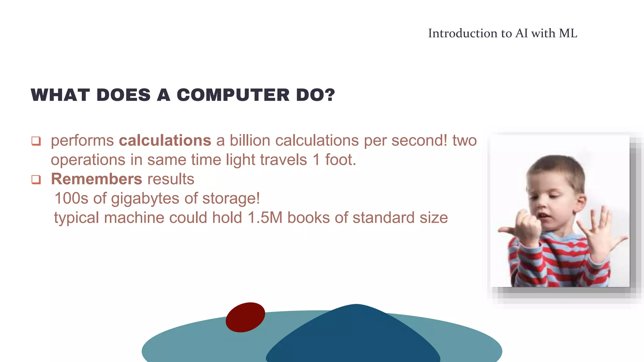 Introduction to AI with ML
WHAT DOES A COMPUTER DO?
 performs calculations a billion calculations per second! two
operations in same time light travels 1 foot.
 Remembers results
100s of gigabytes of storage!
typical machine could hold 1.5M books of standard size
 