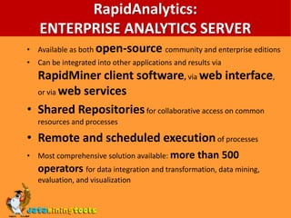 Rapid Miner ExtensionsProducts MapApplication LayerJAVA APIs for external useRapidMiner ProductsCore RapidMiner Engine