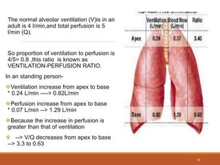 The normal alveolar ventilation (V)is in an
adult is 4 l/min,and total perfusion is 5
l/min (Q).
So proportion of ventilation to perfusion is
4/5= 0.8 ,this ratio is known as
VENTILATION-PERFUSION RATIO.
In an standing person-
Ventilation increase from apex to base
* 0.24 L/min ----> 0.82L/min
Perfusion increase from apex to base
* 0.07 L/min --> 1.29 L/min
Because the increase in perfusion is
greater than that of ventilation
 --> V/Q decreases from apex to base
--> 3.3 to 0.63
15
 